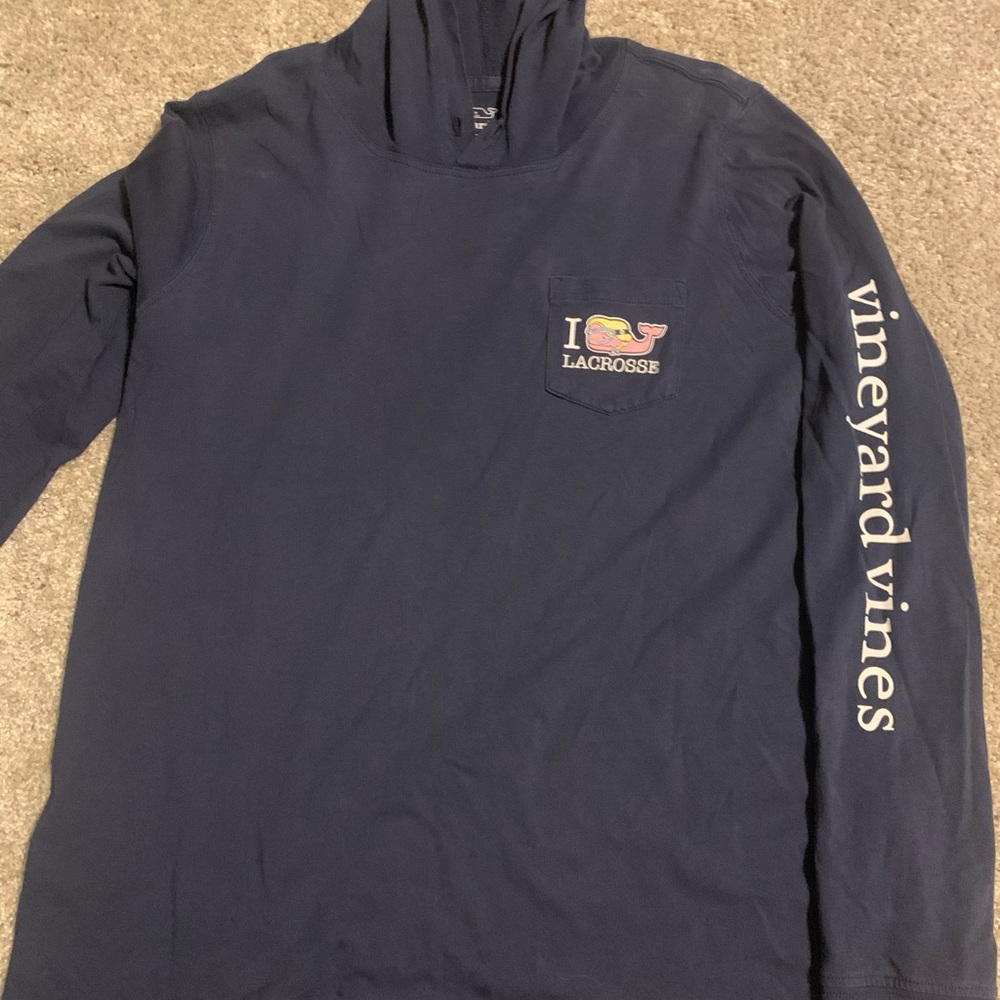 Vineyard Vines Navy Hooded Long Sleeve Tee with Lacrosse Pocket Logo